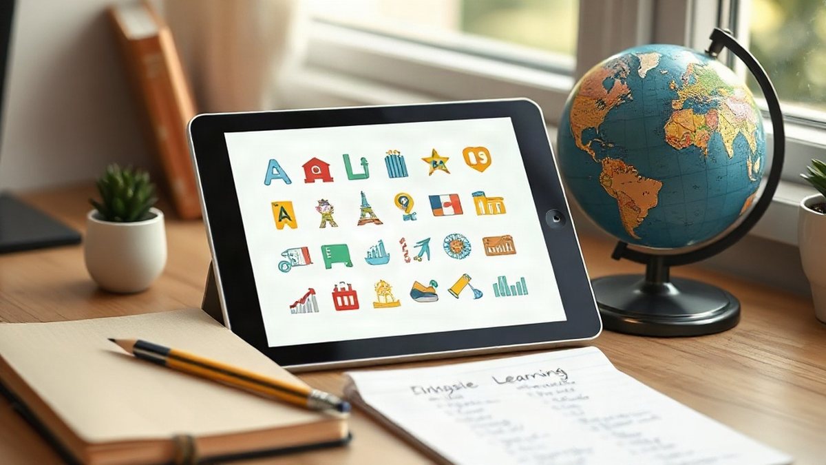 Tablet z kolorowymi ikonami i zeszyt z angielskimi słówkami na biurku