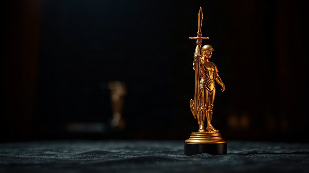 Złota statuetka nagrody filmowej, czyli Oscar, przedstawiająca postać trzymającą miecz, na ciemnym tle