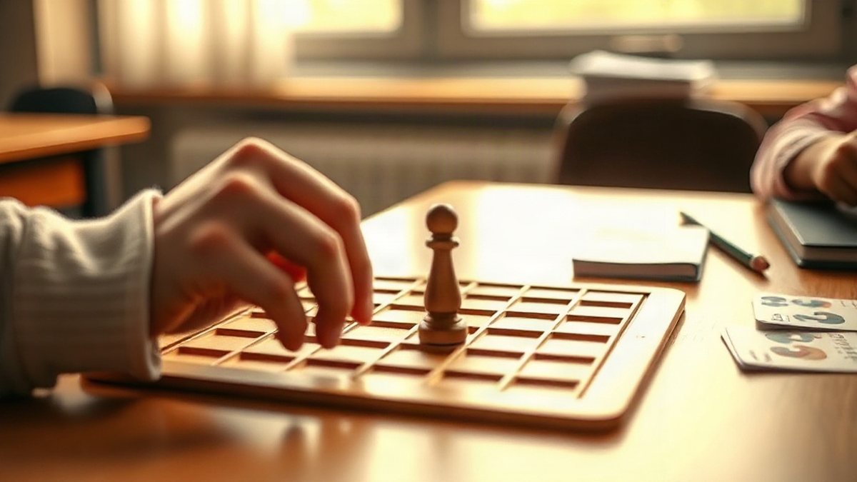 Dłonie dziecka przesuwające pionek na planszy do gry logicznej