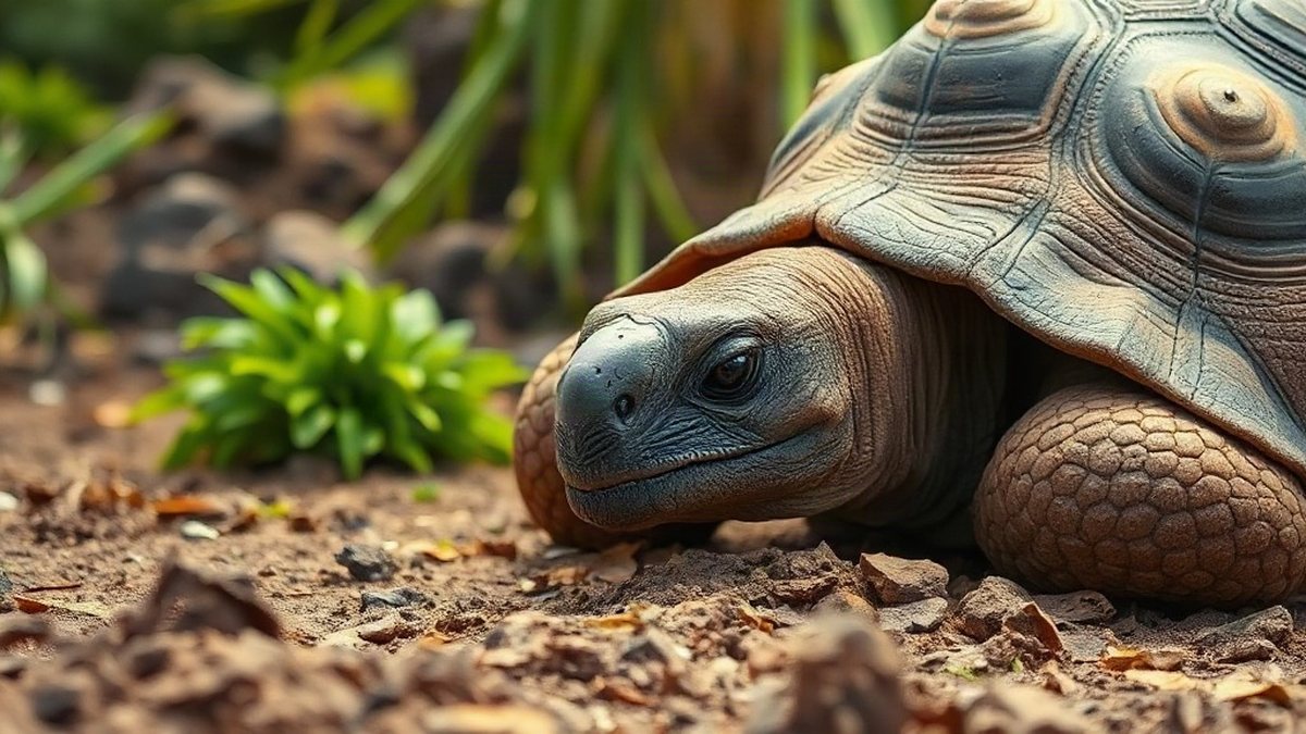 Stary żółw olbrzymi z wyraźnie widocznym pancerzem na tle zieleni