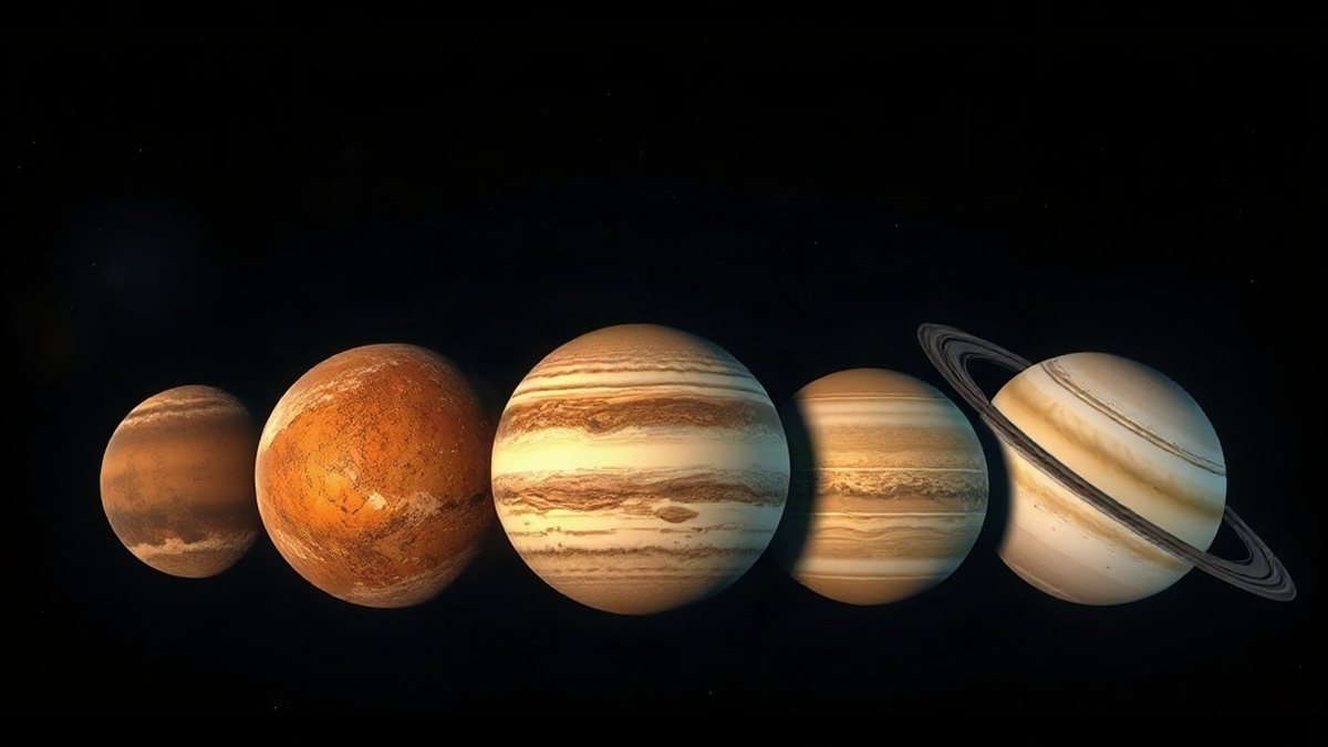 Jak długo trwa dzień na innych planetach – kilka planet Układu Słonecznego oświetlonych przez Słońce na tle nocnego nieba