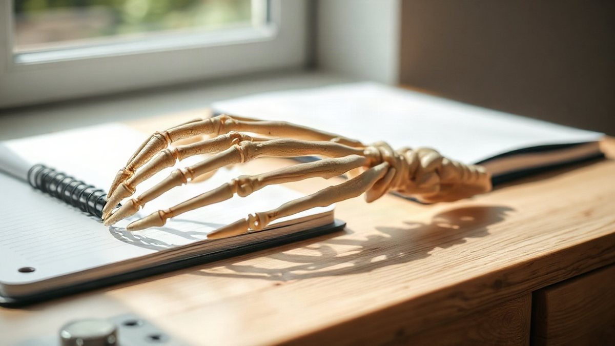 Anatomiczny model dłoni z kośćmi na drewnianym stole