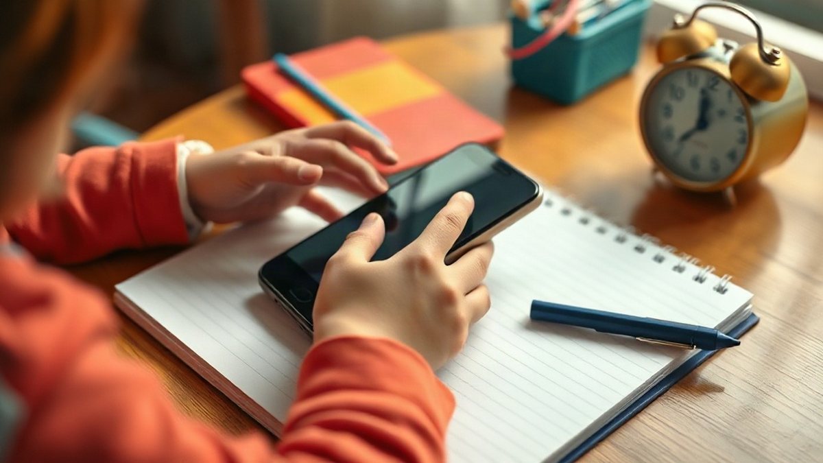Nauka angielskiego z aplikacją w domu Dłonie dziecka trzymające smartfon przy zeszycie podczas nauki