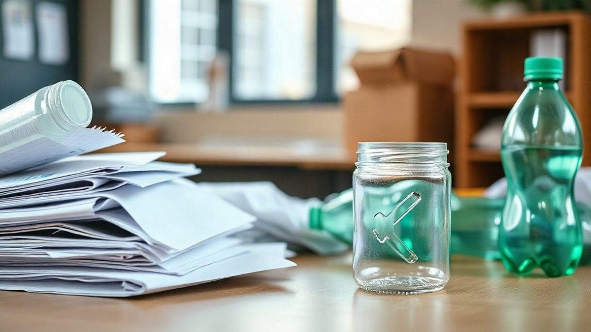 Posortowane odpady do recyklingu na szkolnym stole: papier, plastik i szkło