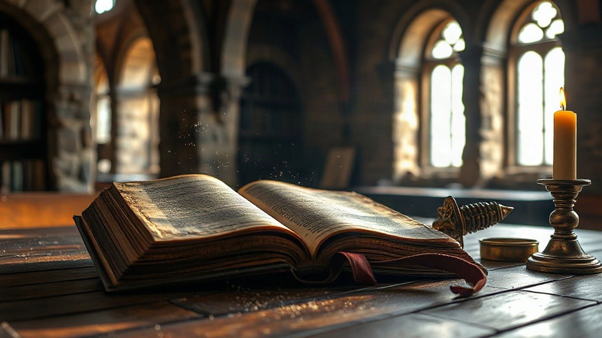 Otwarta stara książka na drewnianym stole w kamiennej bibliotece, symbolizująca powieści osadzone w średniowieczu