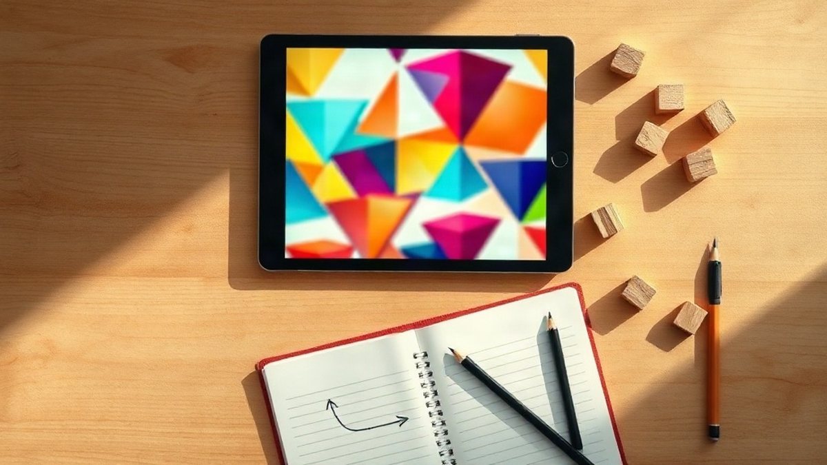 Tablet i kolorowe klocki na drewnianym stole jako pomoc w nauce programowania dla dzieci