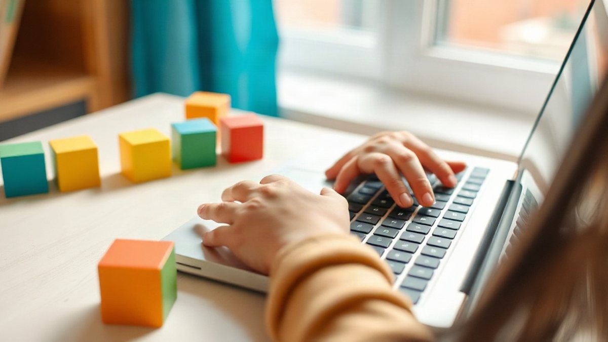 Dłonie dziecka na klawiaturze laptopa obok kolorowych klocków, nauka programowania w Scratchu