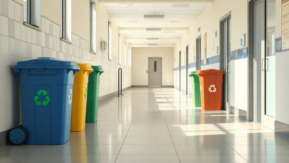 Cztery kolorowe pojemniki do segregacji śmieci ustawione w szkolnym korytarzu