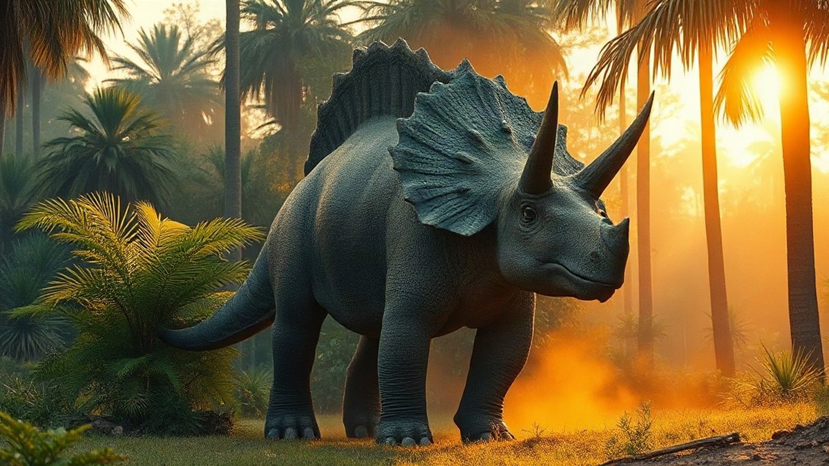 Triceratops stojący w zielonym lesie z paprociami w złotym świetle